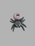 Graue 3D-gedruckte Spinne mit rosa Donut auf dem Rücken